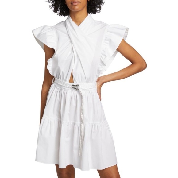 Derek Lam 10 Crosby Finn Ruffled Wrap Mini Dress Cotton Poplin White Sz 8 - Picture 2 of 16